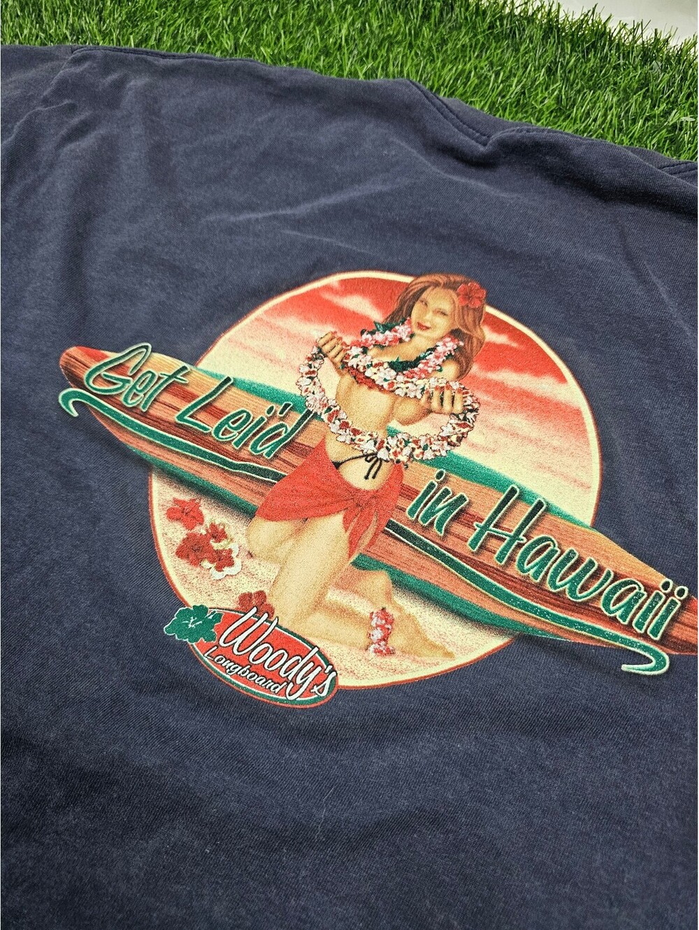2000s Funny Woody's Hawaii Navy T Shirt with Hawaiian Hula Back Graphic Size 2XL